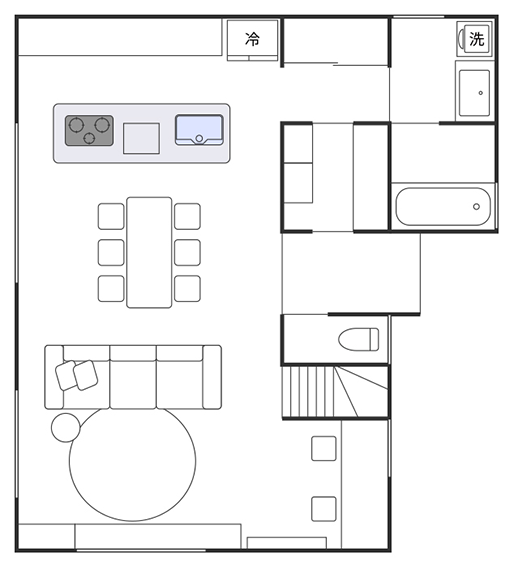 戸建ての1階にアイランドキッチンを配置した間取り