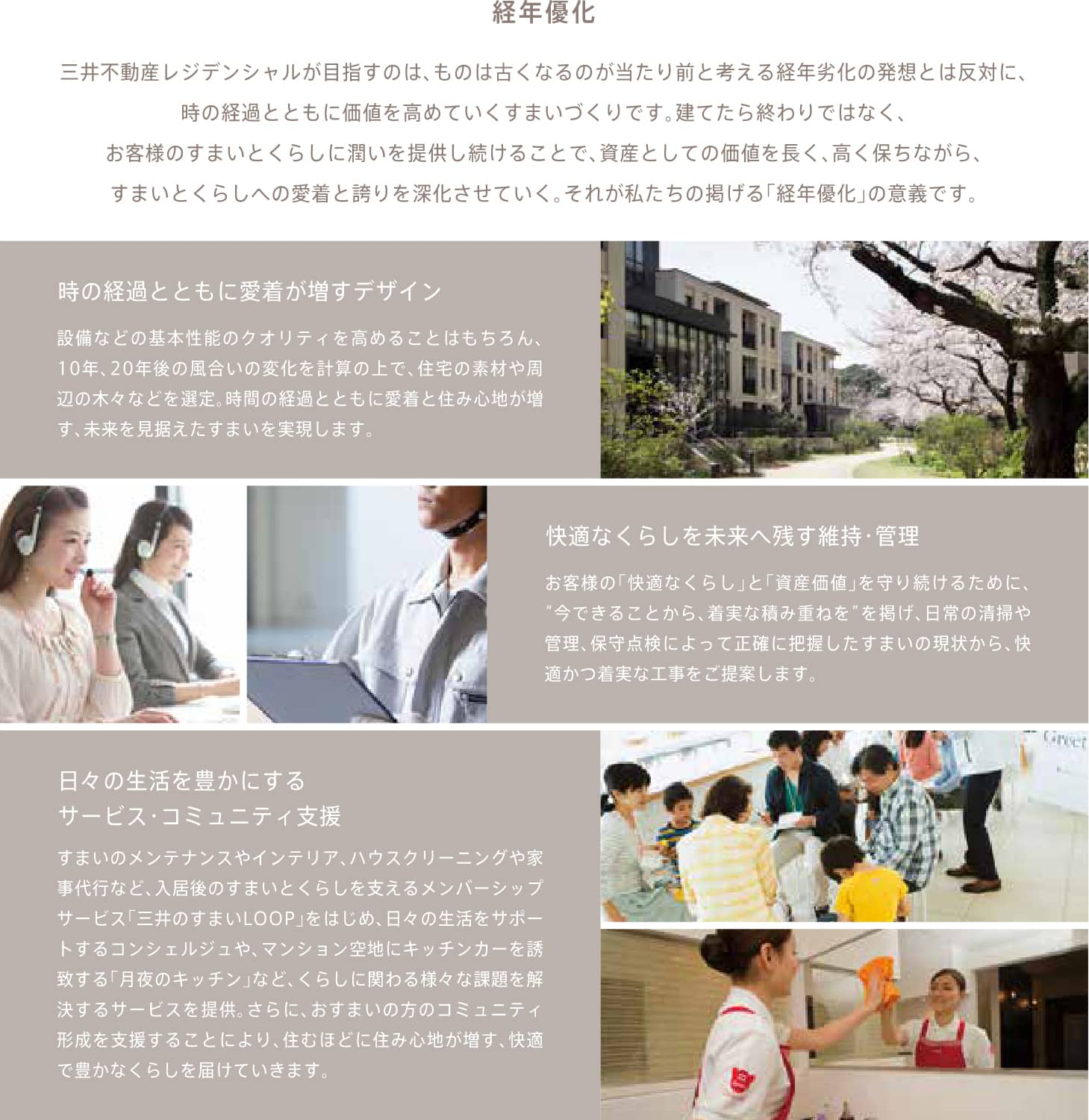経年優化 三井不動産レジデンシャルが目指すのは、ものは古くなるのが当たり前と考える経年劣化の発想とは反対に、時の経過とともに価値を高めていくすまいづくりです。建てたら終わりではなく、お客様のすまいとくらしに潤いを提供し続けることで、資産としての価値を長く、高く保ちながら、すまいとくらしへの愛着と誇りを深化させていく。それが私たちの掲げる「経年優化」の意義です。　時の経過とともに愛着が増すデザイン　設備などの基本性能のクオリティを高めることはもちろん、10年、20年後の風合いの変化を計算の上で、住宅の素材や周辺の木々などを選定。時間の経過とともに愛着と住み心地が増す、未来を見据えたすまいを実現します。　快適なくらしを未来へ残す維持・管理　お客様の「快適なくらし」と「資産価値」を守り続けるために、 “今できることから、着実な積み重ねを“を掲げ、日常の清掃や管理、保守点検によって正確に把握したすまいの現状から、快適かつ着実な工事をご提案します。　日々の生活を豊かにするサービス・コミュニティ支援　すまいのメンテナンスやインテリア、ハウスクリーニングや家事代行など、入居後のすまいとくらしを支えるメンバーシップ サービス「三井のすまいLOOP」をはじめ、日々の生活をサポートするコンシェルジュや、マンション空地にキッチンカーを誘 致する「月夜のキッチン」など、くらしに関わる様々な課題を解決するサービスを提供。さらに、おすまいの方のコミュニティ形成を支援することにより、住むほどに住み心地が増す、快適で豊かなくらしを届けていきます。