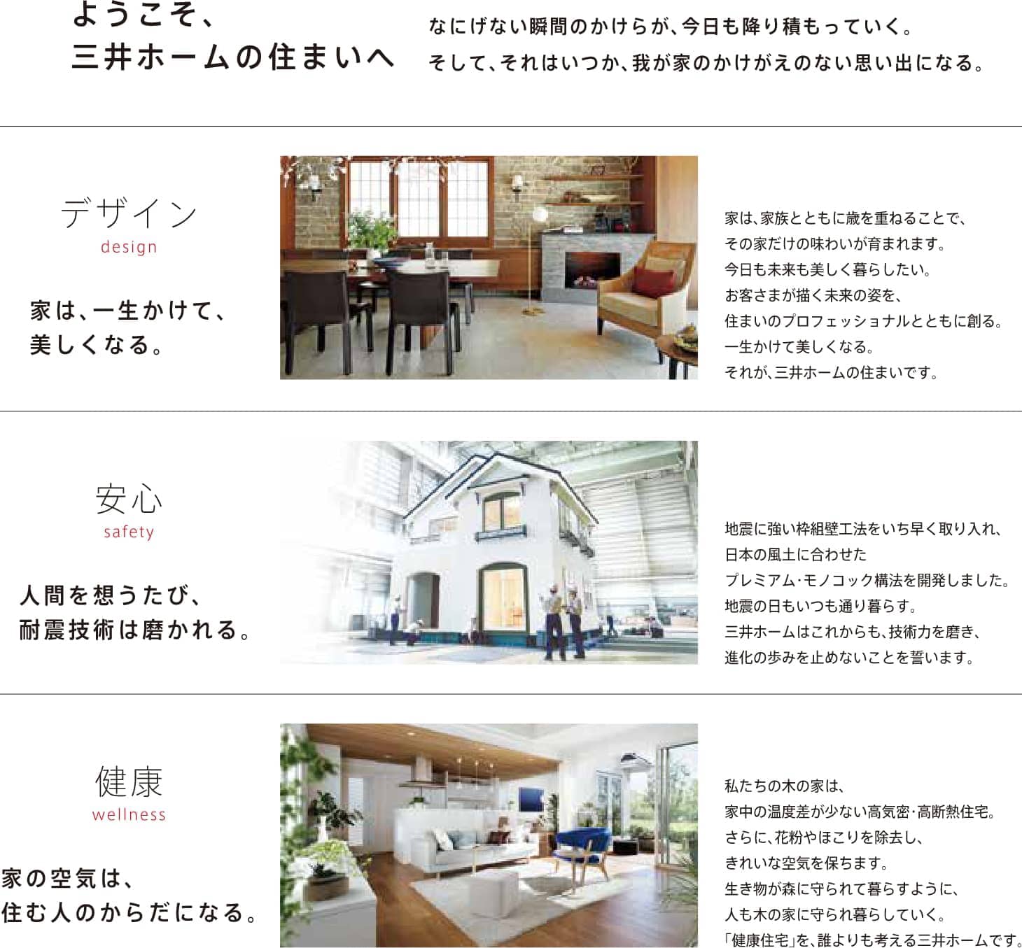 ようこそ、三井ホームの住まいへ　なにげない瞬間のかけらが、今日も降り積もっていく。三井ホームの住まいへそして、それはいつか、我が家のかけがえのない思い出になる。　デザイン　家は、一生かけて、美しくなる。家は、家族とともに歳を重ねることで、その家だけの味わいが育まれます。今日も未来も美しく暮らしたい。お客さまが描く未来の姿を、住まいのプロフェッショナルとともに創る。一生かけて美しくなる。それが、三井ホームの住まいです。　安心 人間は想うたび、耐震技術は磨かれる。地震に強い枠組壁工法をいち早く取り入れ、 日本の風土に合わせたプレミアム・モノコック構法を開発しました。地震の日もいつも通り暮らす。三井ホームはこれからも、技術力を磨き、進化の歩みを止めないことを誓います。　健康 家の空気は、住む人のからだになる。私たちの木の家は、 家中の温度差が少ない高気密・高断熱住宅。 さらに、花粉やほこりを除去し、 きれいな空気を保ちます。 生き物が森に守られて暮らすように、人も木の家に守られ暮らしていく。 「健康住宅」を、誰よりも考える三井ホームです。