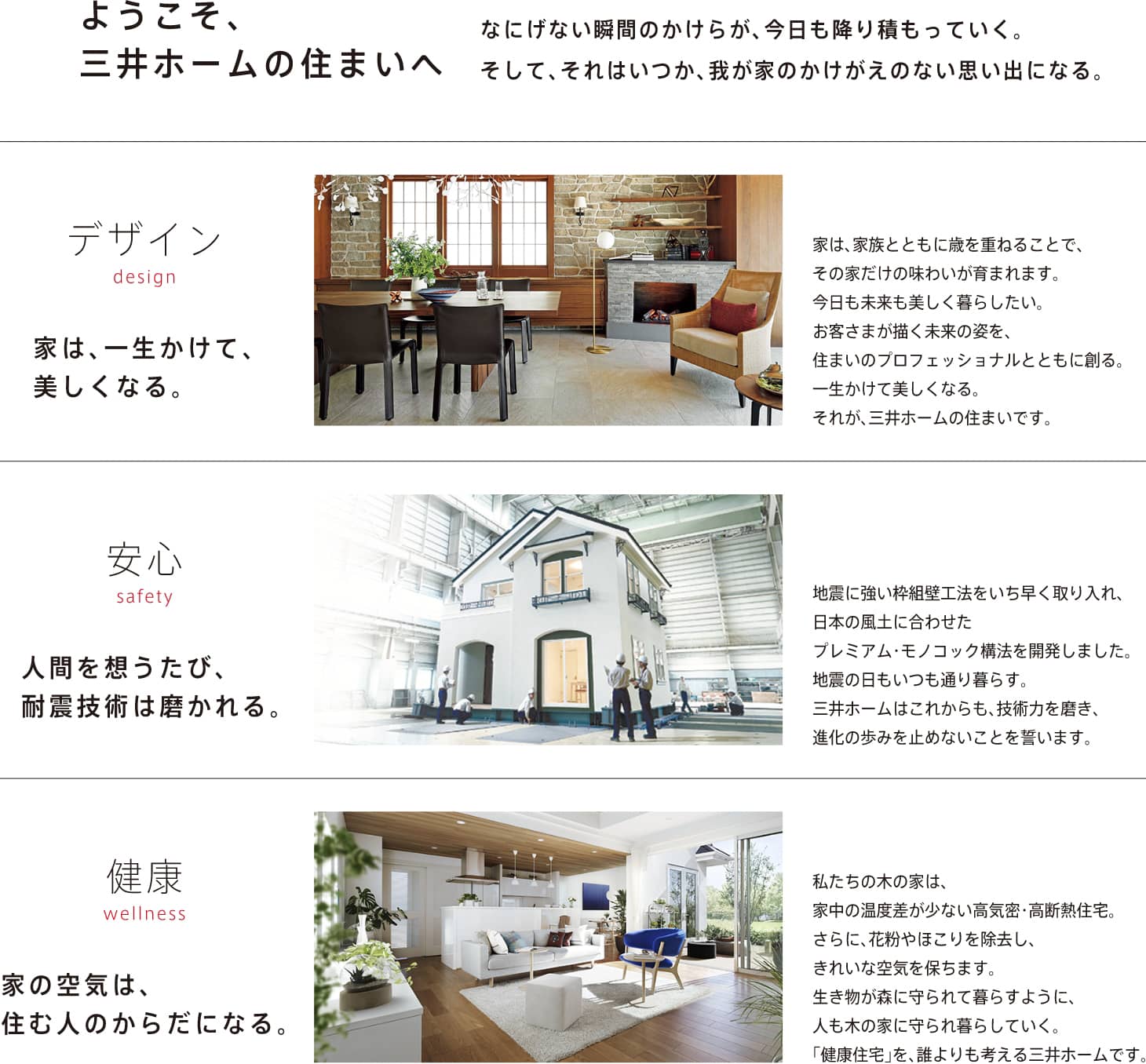 ようこそ、三井ホームの住まいへ　なにげない瞬間のかけらが、今日も降り積もっていく。三井ホームの住まいへそして、それはいつか、我が家のかけがえのない思い出になる。　デザイン　家は、一生かけて、美しくなる。家は、家族とともに歳を重ねることで、その家だけの味わいが育まれます。今日も未来も美しく暮らしたい。お客さまが描く未来の姿を、住まいのプロフェッショナルとともに創る。一生かけて美しくなる。それが、三井ホームの住まいです。　安心 人間は想うたび、耐震技術は磨かれる。地震に強い枠組壁工法をいち早く取り入れ、 日本の風土に合わせたプレミアム・モノコック構法を開発しました。地震の日もいつも通り暮らす。三井ホームはこれからも、技術力を磨き、進化の歩みを止めないことを誓います。　健康 家の空気は、住む人のからだになる。私たちの木の家は、 家中の温度差が少ない高気密・高断熱住宅。 さらに、花粉やほこりを除去し、 きれいな空気を保ちます。 生き物が森に守られて暮らすように、人も木の家に守られ暮らしていく。 「健康住宅」を、誰よりも考える三井ホームです。