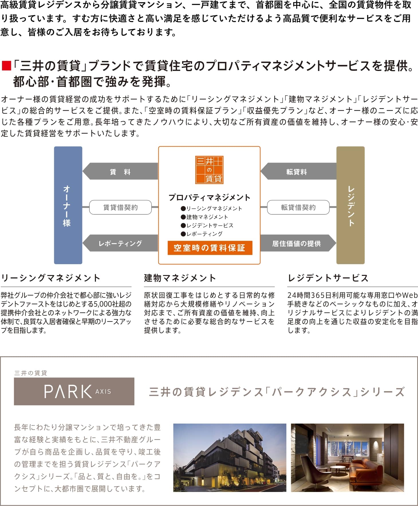 高級賃貸レジデンスから分譲賃貸マンション、一戸建てまで、首都圏を中心に、全国の賃貸物件を取り扱っています。すむ方に快適さと高い満足を感じていただけるよう高品質で便利なサービスをご用意し、皆様のご入居をお待ちしております。　■「三井の賃貸」ブランドで賃貸住宅のプロパティマネジメントサービスを提供。 都心部・首都圏で強みを発揮。 オーナー様の賃貸経営の成功をサポートするために「リーシングマネジメント」「建物マネジメント」「レジデントサービス」の総合的サービスをご提供。また、「空室時の賃料保証プラン」「収益優先プラン」など、オーナー様のニーズに応じた各種プランをご用意。長年培ってきたノウハウにより、大切なご所有資産の価値を維持し、オーナー様の安心・安定した賃貸経営をサポートいたします。　リーシングマネジメント　弊社グループの仲介会社で都心部に強いレジデントファーストをはじめとする5,000社超の提携仲介会社とのネットワークによる強力な体制で、良質な入居者確保と早期のリースアップを目指します。　建物マネジメント　原状回復工事をはじめとする日常的な修繕対応から大規模修繕やリノベーション対応まで、ご所有資産の価値を維持、向上させるために必要な総合的なサービスを提供します。　レジデントサービス　24時間365日利用可能な専用窓口やWeb手続きなどのベーシックなものに加え、オリジナルサービスによりレジデントの満足度の向上を通じた収益の安定化を目指します。 三井の賃貸PARK AXIS 三井のチンタレジデンス「パークアクシス」シリーズ」長年にわたり分譲マンションで培ってきた豊富な経験と実績をもとに、三井不動産グループが自ら商品を企画し、品質を守り、竣工後の管理までを担う賃貸レジデンス「パークアクシス」シリーズ。「品と、質と、自由を。」をコンセプトに、大都市圏で展開しています。